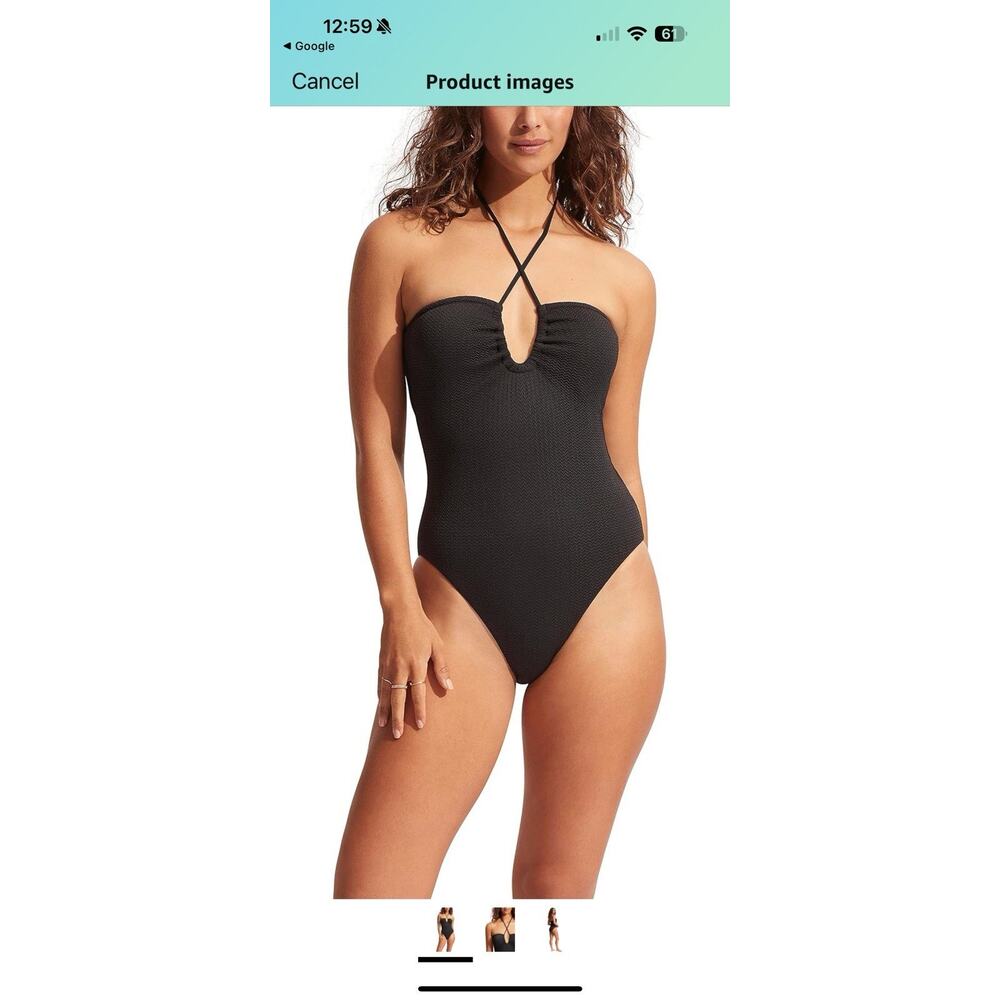 SEAFOLLY Black Halter Bandeau One Piece Tie Swimsuit Bathing Suit NWT Size 10